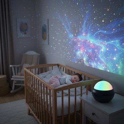 bebe sereinement endormi sous lumiere douce veilleuse projection etoile sommeil