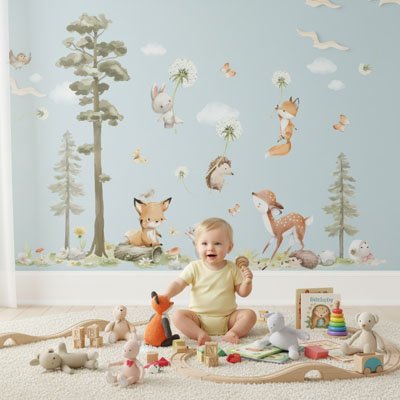 Bébé souriant assis sur le tapis et jouant avec jouets devant mur décoré avec stickers muraux enfant forêt apaisante