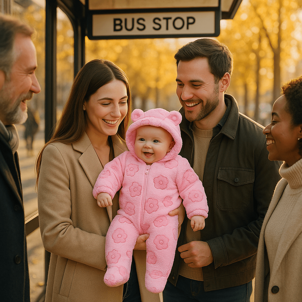 bebe vetu nid d ange bodychaud avec parents dans arret bus