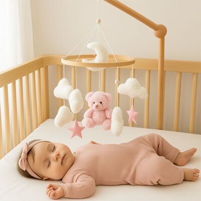 Bébé vêtu de rose foncé emporté dans sommeil par mobile bébé musical relaxant