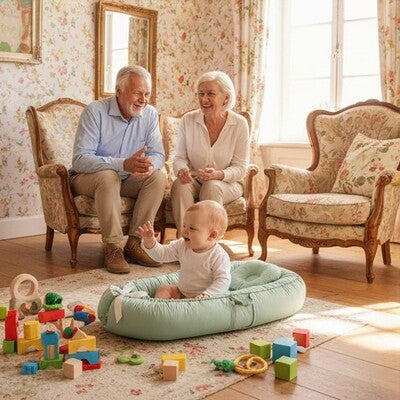 Grands parents heureux contemplant petit fils joyeux assis dans nid d'ange bébé coton évolutif et entouré jouets