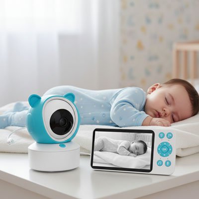 Gros plan bébé endormi dans son lit sous surveillance caméra bébé vision complète posée sur table avec écran