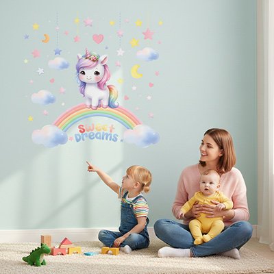 Mère bébé dans bras assise sur le tapis et communiant avec fille pointant mur décoré avec stickers muraux enfant licorne beaux rêves