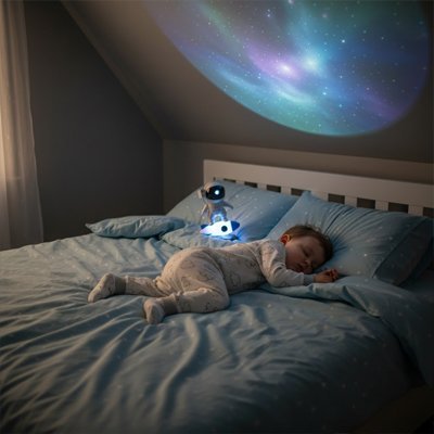 Enfant couché sous univers envoutant cree par veilleuse projection galactique