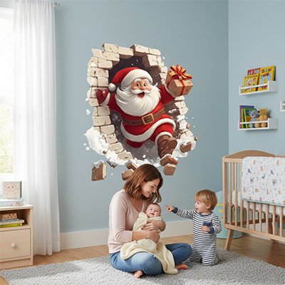 Vue profil gauche maman avec bébé dans ses bras et enfant assis sur tapis et communiant dans chambre ornée par stickers muraux enfant esprit noël