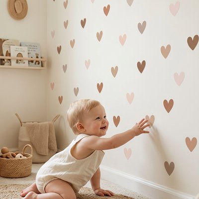 Bébé à quatre pattes souriant et touchant de la main le mur décoré par stickers muraux design express