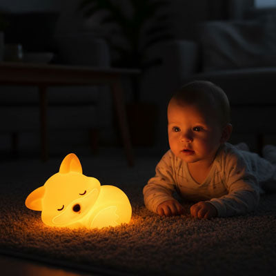 Bébé allongé sur tapis et attiré par lumière douce veilleuse renard apaisante