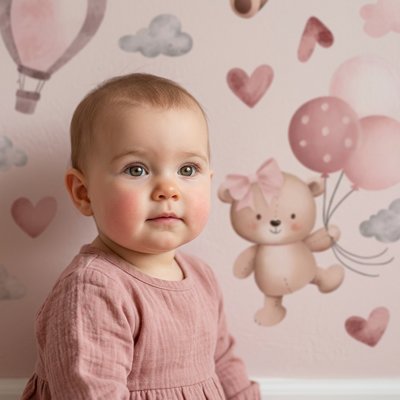 Bébé apaisé par l'ambiance douce créée avec stickers muraux enfant univers douillet