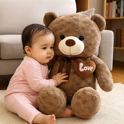 Bébé assis appaisé par ours en peluche Douceur câline