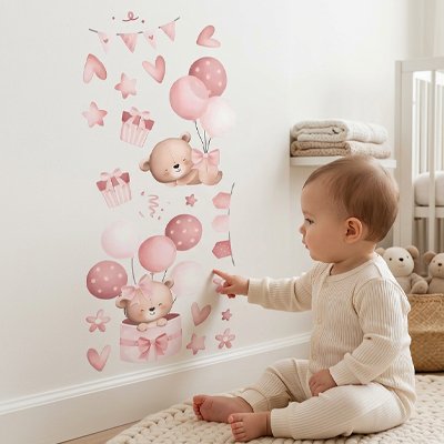 Bébé assis au sol attiré et touchant du doigt belle décoration stickers muraux chambre déco tendance