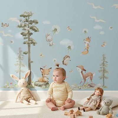 Bébé assis entouré de doudous dans univers apaisant créé par stickers muraux enfant forêt apaisante