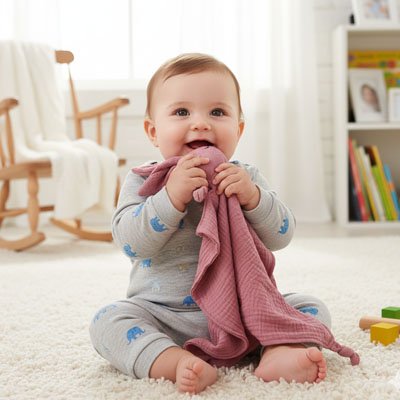 Bébé assis et heureux avec son Doudou lapin douceur réconfortante rose foncé