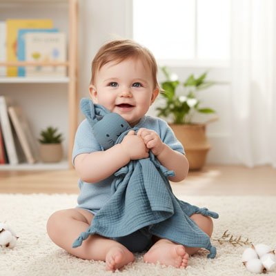 Bébé assis et heureux enlaçant son Doudou lapin douceur réconfortante bleu
