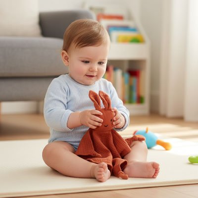Bébé assis et jouant avec son Doudou lapin douceur réconfortante rouge