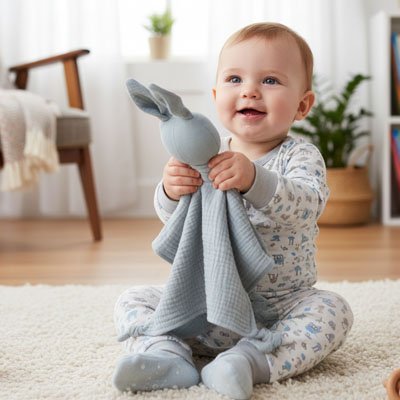 Bébé assis et joyeux avec son Doudou lapin douceur réconfortante gris-bleu