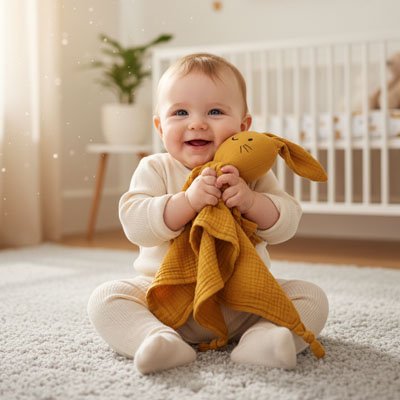 Bébé assis et tout sourire avec son Doudou lapin douceur réconfortante orange dans bras