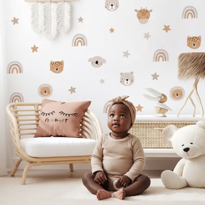 Bébé assis prêt de ours peluche blanc devant mur décoré avec stickers muraux enfant savane douce