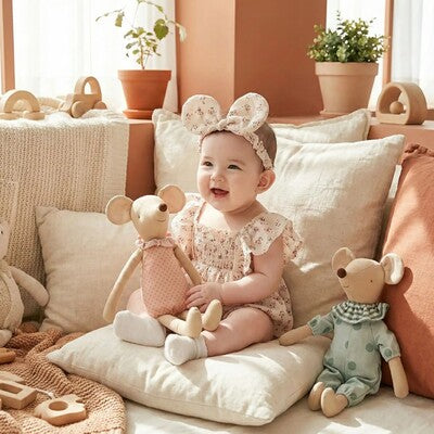 Bébé assis sur coussin joyeux avec ses doudou apaisant en coton ultra-doux rose dans bras et ver a ses côtés