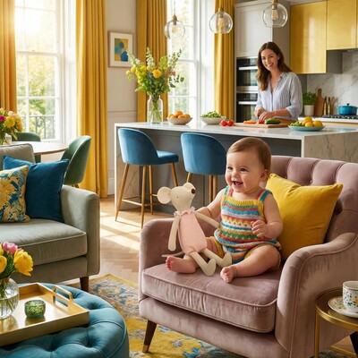 Bébé assis sur fauteuil au salon avec son doudou apaisant en coton ultra-doux rose pendant que maman cuisine