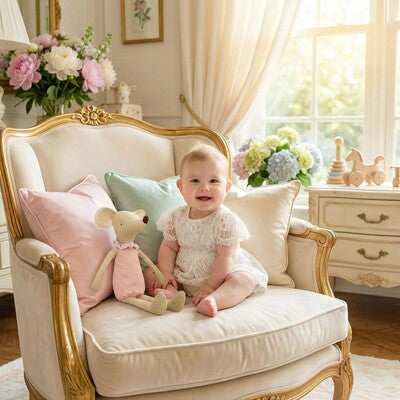Bébé assis sur fauteuil avec son doudou apaisant en coton ultra-doux rose