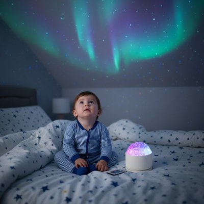 Bébé assis sur grand lit et émerveillé par univers féérique créé par veilleuse projection étoiles apaisantes