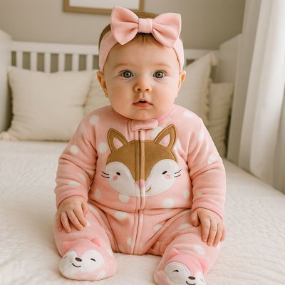 Bébé  assis sur lit dans chambre lumineuse portant Pyjama bébé fille Douceur Bio rose zippe à motif renard idéal pour sommeil et moments cocoonin