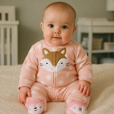 Bébé assis sur lit habillé Pyjama bébé fille Douceur Bio rose à pois avec renard brodé tenue chaude et confortable pour nuit