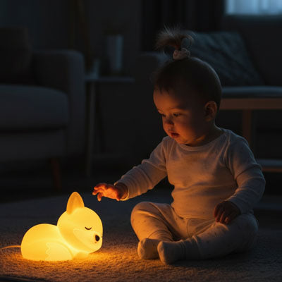 Bébé assis sur tapis attiré par lumière douce veilleuse renard apaisante