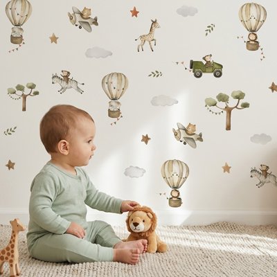 Bébé assis sur tapis avec ours en peluche devant mur décoré par stickers muraux cocon tendance