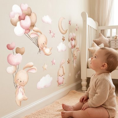 Bébé assis sur tapis contemplant la belle décoration stickers muraux enfant pose sans stress