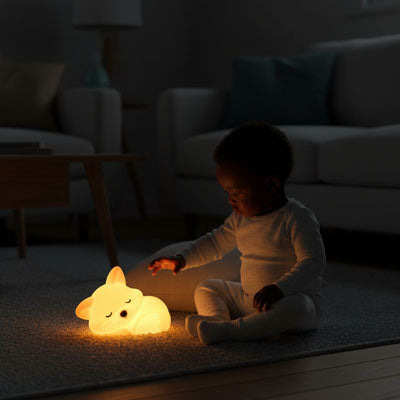 Bébé assis sur tapis et éclairé par lumière douce et chaleureuse veilleuse renard apaisante