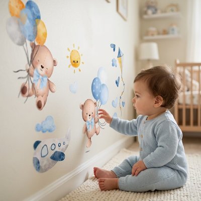 Bébé assis sur tapis touchant le mur orné par stickers muraux enfant maxi repositionnables
