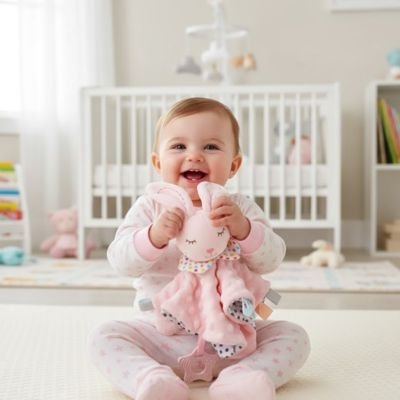 Bébé assis tout heureux avec Doudou bébé Ultra-doux Apaisant lapin lit bébé blanc en arrière plan