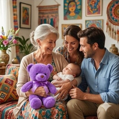 Bébé avec ours en peluche Câlin artisanal en main endormi dans bras grand-mère sous regard attendri parents