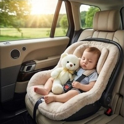 Bébé avec ours en peluche Câlin artisanal endormi dans nid d'ange sur siège arrière véhicule parents