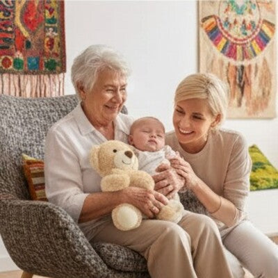 Bébé avec ours en peluche Ultra Doux sereinement endormi dans les bras grand mère en compagnie mère