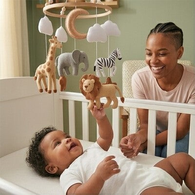 Bébé aux cheveux bouclés dans son berceau blanc tend le bras pour toucher le mobile bébé Atmosphère Relaxante sous le regard souriant de sa maman