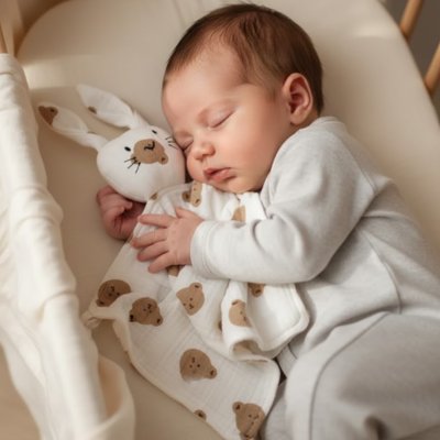Bébé confortablement endormi sur son lit dans bras Doudou Lapin Ultra-Doux Nuit Sereine Ourson