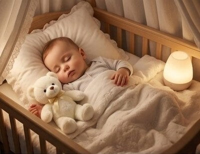 Bébé couché dans lit avec ours en peluche Câlin artisanal