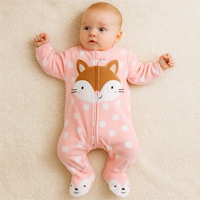 Bébé couché sur lit habillé Pyjama bébé fille Douceur Bio rose à pois avec renard brodé tenue chaude et confortable pour nuit
