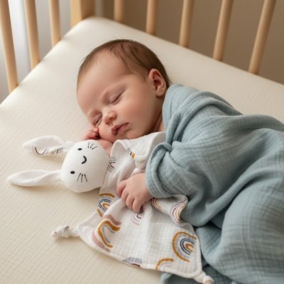 Bébé couvert par couverture verte endormi sur son lit avec son Doudou Lapin Ultra-doux Nuit Sereine arc-en-ciel