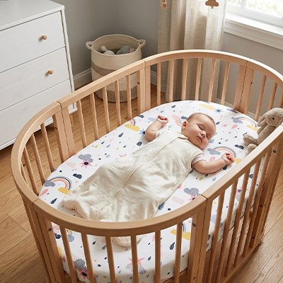 Bébé dans une gigoteuse sereinement endormi dans son berceau sur un matelas recouvert du drap housse lit bébé douceur premium
