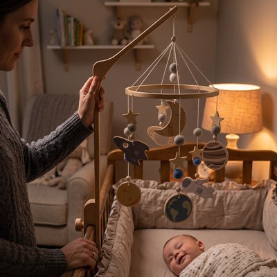 Bébé dans son lit dans la chambre éclairée par une veilleuse et observant sa mère qui règle le mobile bébé univers apaisant sur le lit