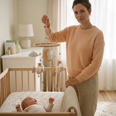 Bébé dans lit observant sa mère qui règle le mobile bébé design apaisant sur le lit