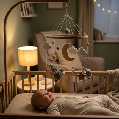 Bébé dans son lit souriant et admiratif du mobile bébé design apaisant suspendu au dessus de lui dans sa chambre éclairée par veilleuse