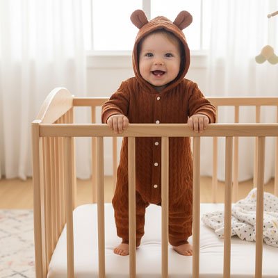 Bébé debout dans son lit vêtu pyjama bébé Douces Nuits marron