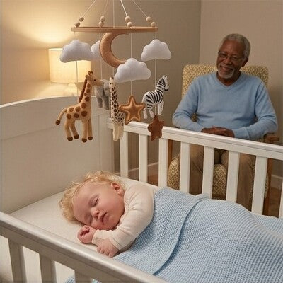 Bébé dort paisiblement grâce aux sons du mobile bébé Atmosphère Relaxante et sous la surveillance bienveillante de son grand-père assis sur un fauteuil
