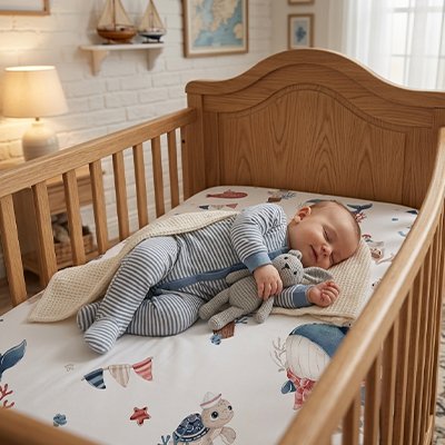 Bébé avec son doudou dans les bras, sereinement endormi dans son berceau sur un matelas recouvert avec le drap housse lit bébé douceur plus