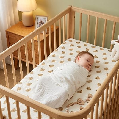 Bébé emmailloté dans une couverture blanche, couché dans son berceau sur un matelas recouvert avec le drap housse lit bébé confort sécurisé