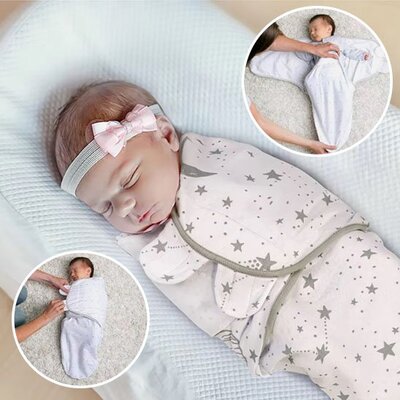Bébé emmailloté dans Couverture emmaillotage Dodoserein étoile couché sur matelas moelleux vues projetées détaillant textile et fermeture